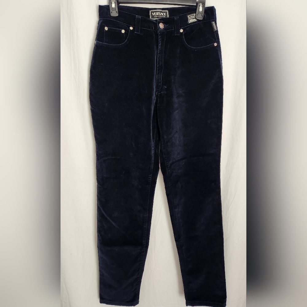 Versace 90s Velvet Navy Pants, Size 32, Excellent Vintage Condition Authentic